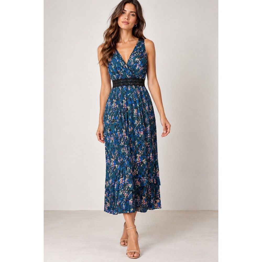 Banana Republic Teal Floral Pleated Midi Dress Size 0P Romantic Feminine Wedding